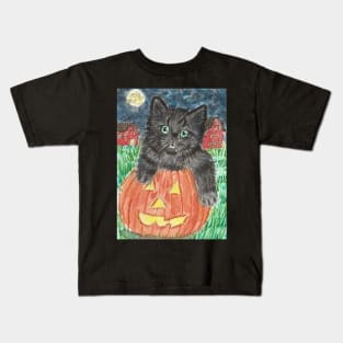 Halloween cat kitten pumpkin Kids T-Shirt